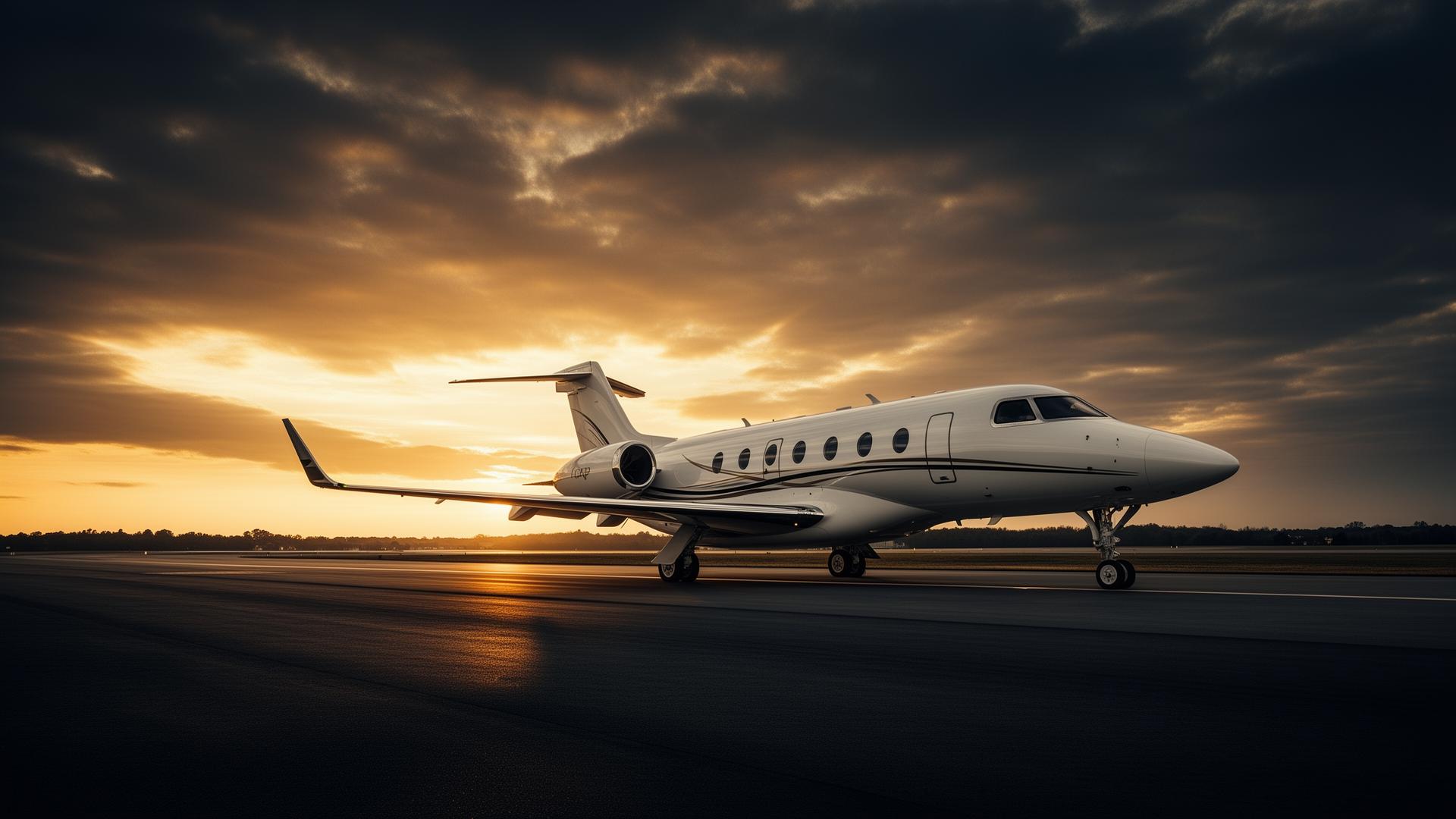 Private jet on runway at dusk